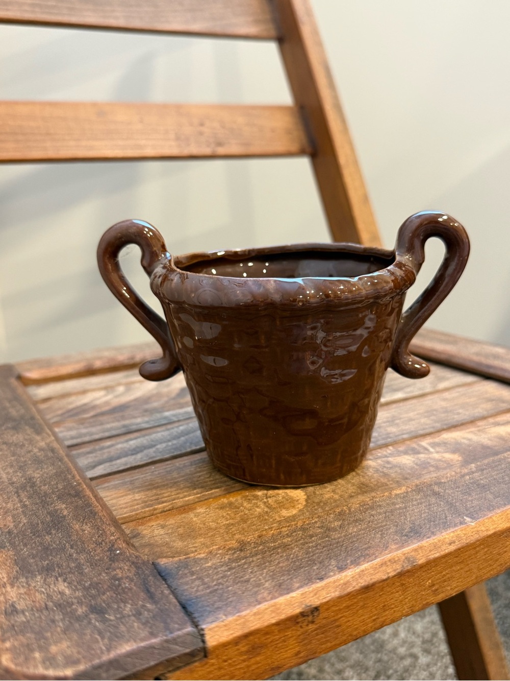 Vintage Brown Glazed Ceramic Double-Handled Planter